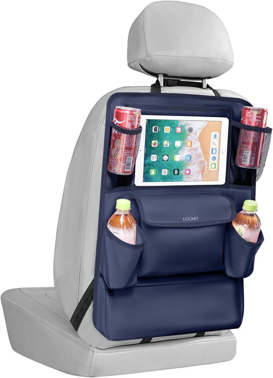 LUCMO Car Backseat Organizer with Touch Screen Tablet Holder,9 Storage Pockets Car Storage Organizer,Protectors Kick Mats Travel Accessories for Kids-Dark Blue