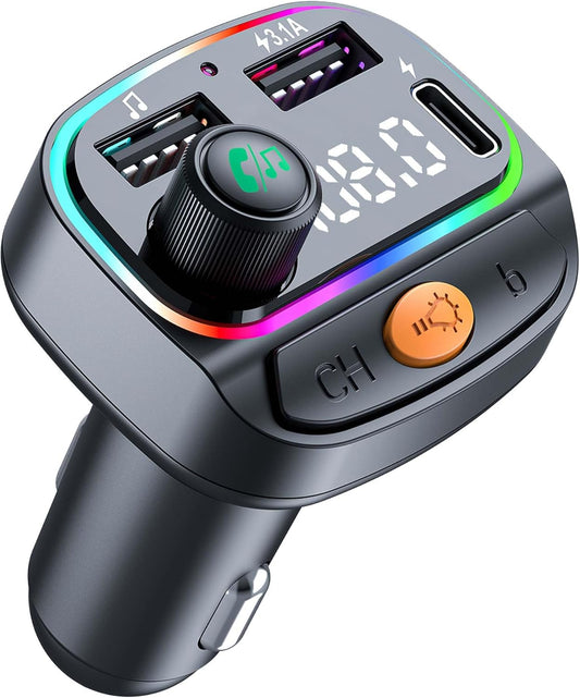 Bluetooth 5.3 FM Transmitter for Car, Wireless Car Charger with 7-Color RGB Breathing Light, Hi-Fi Sound Quality & Hands-Free Calling, Fast Charging, USB/UMP3 Play, Universal Fit for iPhone Android