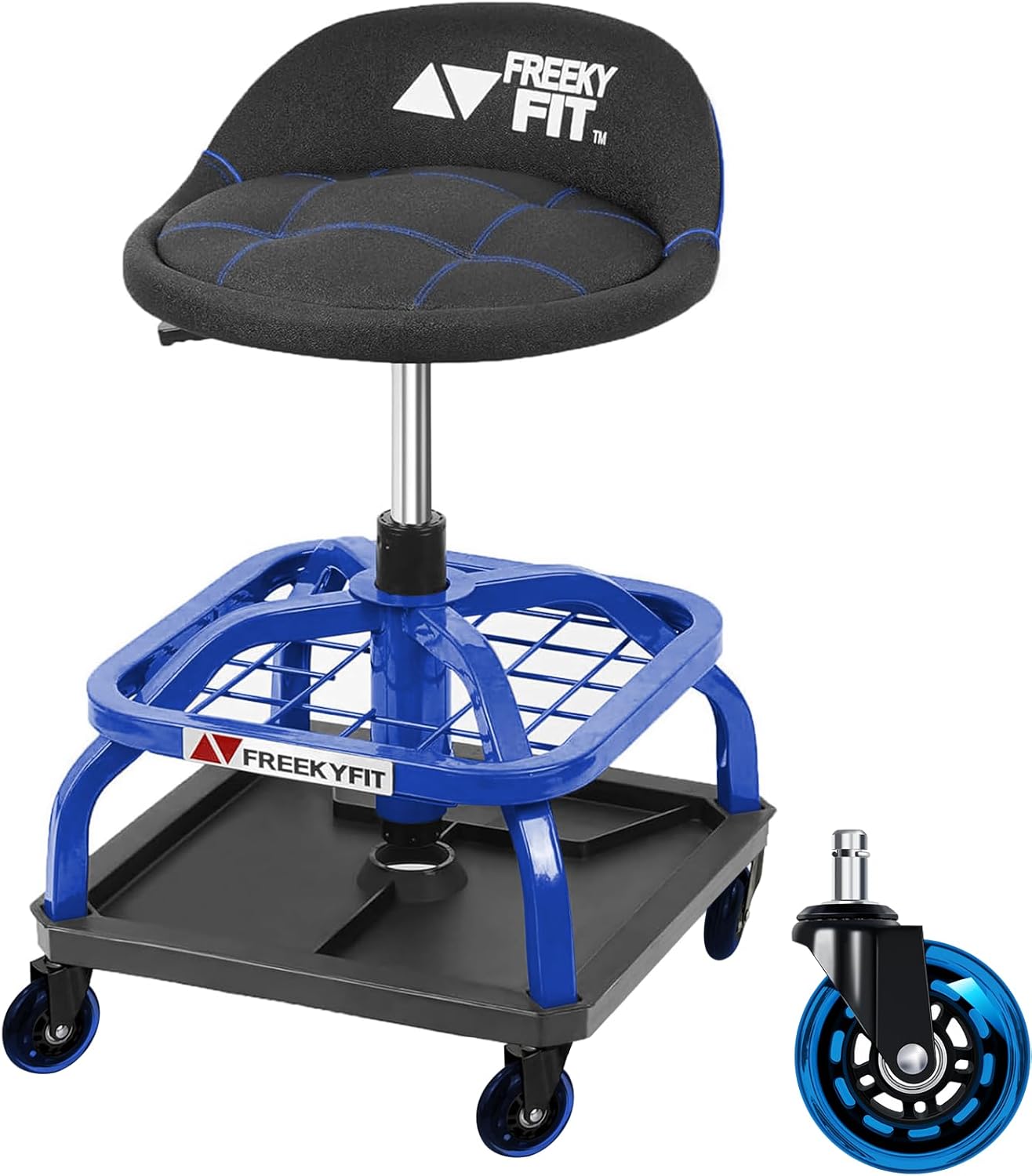 Rolling Stool with Blue Wheels,Heavy Duty Garage Work Mechanic Rolling Shop Stool with Backrest, Adjustable Height 360°Swivel Roller Mechanic Chair with 2 Tool Trays, 330 LBS Capacity