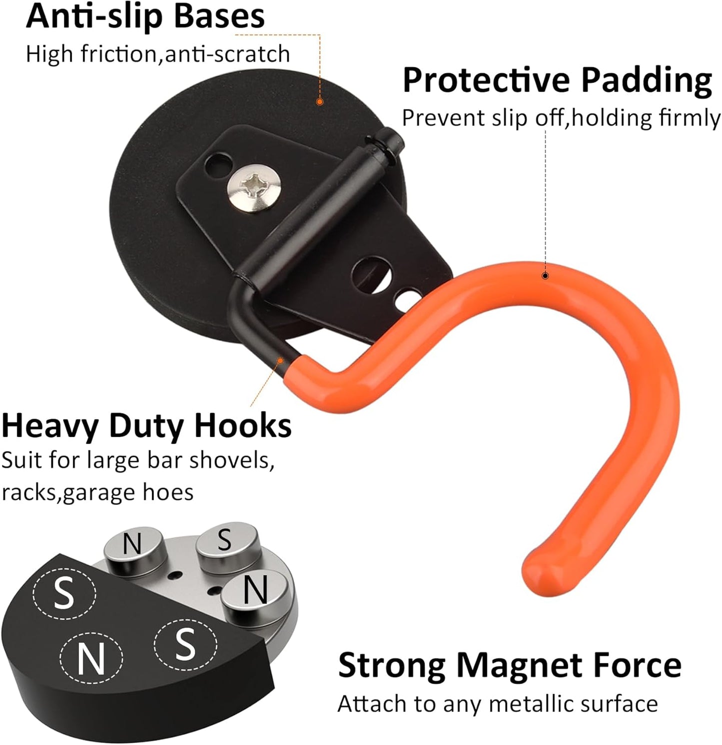 MUTUACTOR Magnetic Broom Holder,Non-Slip Garage Storage Hooks Heavy Duty,Strong Metal Hooks Magnetic Tools Holder for Snow Shovels Garage Racks Garden Hoes in Garden Warehouse(2Pack,Orange)
