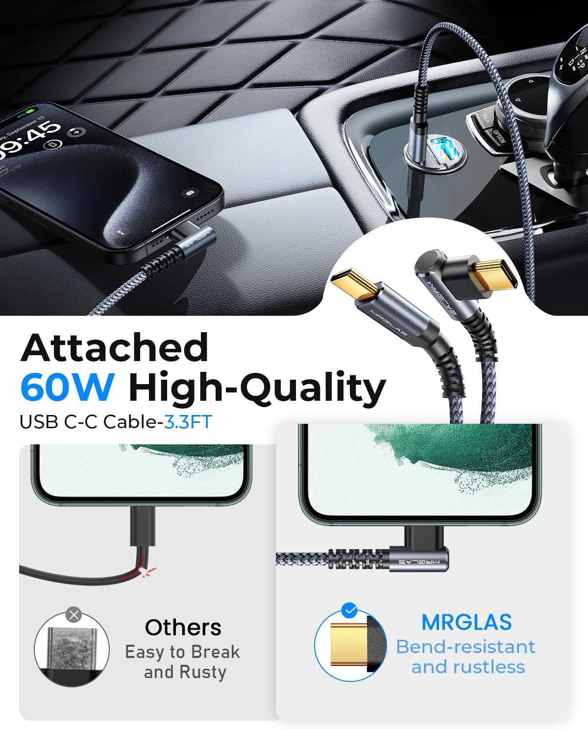 MRGLAS 90W USB C Car Charger Fast Charge, PD45W & QC45W, Flush Fit, Extra 3.3ft Type C Cable, All Metal, Cigarette Lighter USB Charger for iPhone 16 15 Samsung S25 S24 S23 Ultra Pixel 8/8Pro/7-Blue