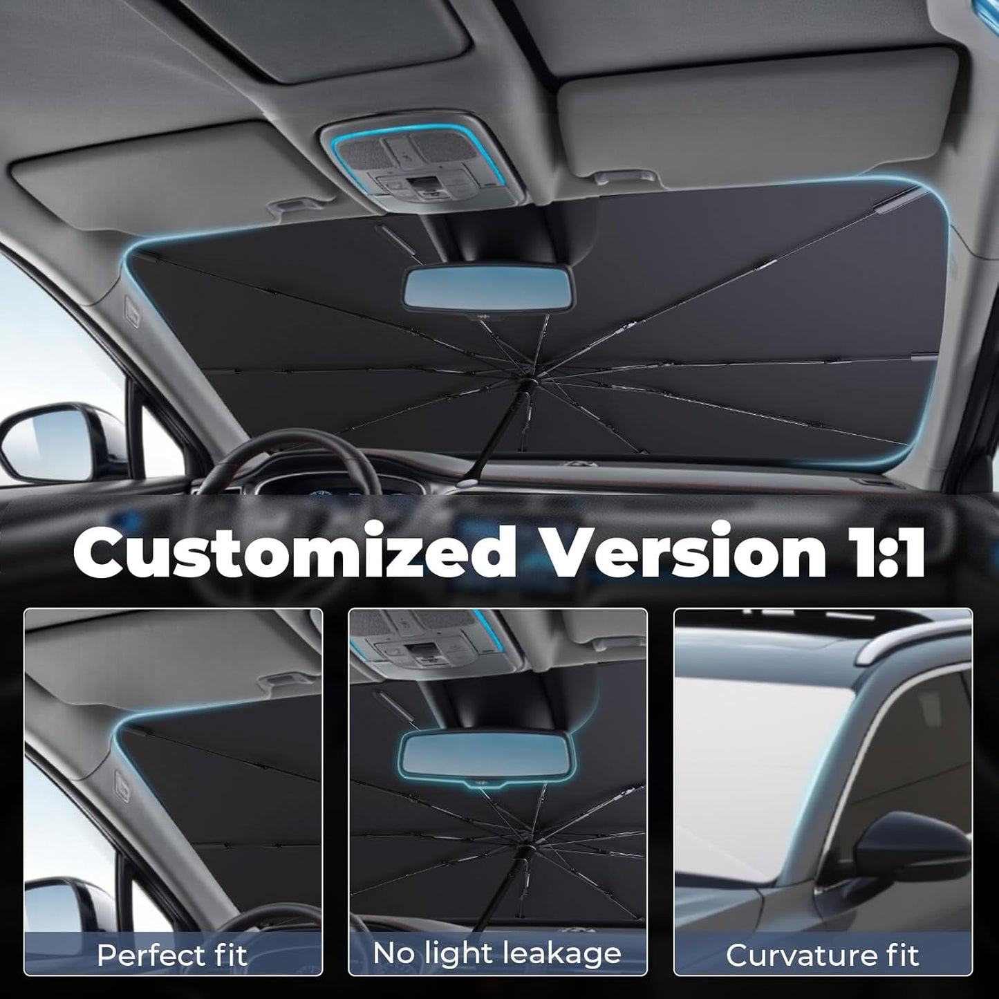 Windshield Sun Shade Umbrella: for Chevy Silverado-1500-2019-2024 2025 - Front Custom Car Window Shades - Foldable Chevy 1500 Sunshades Block UV Keep Cool