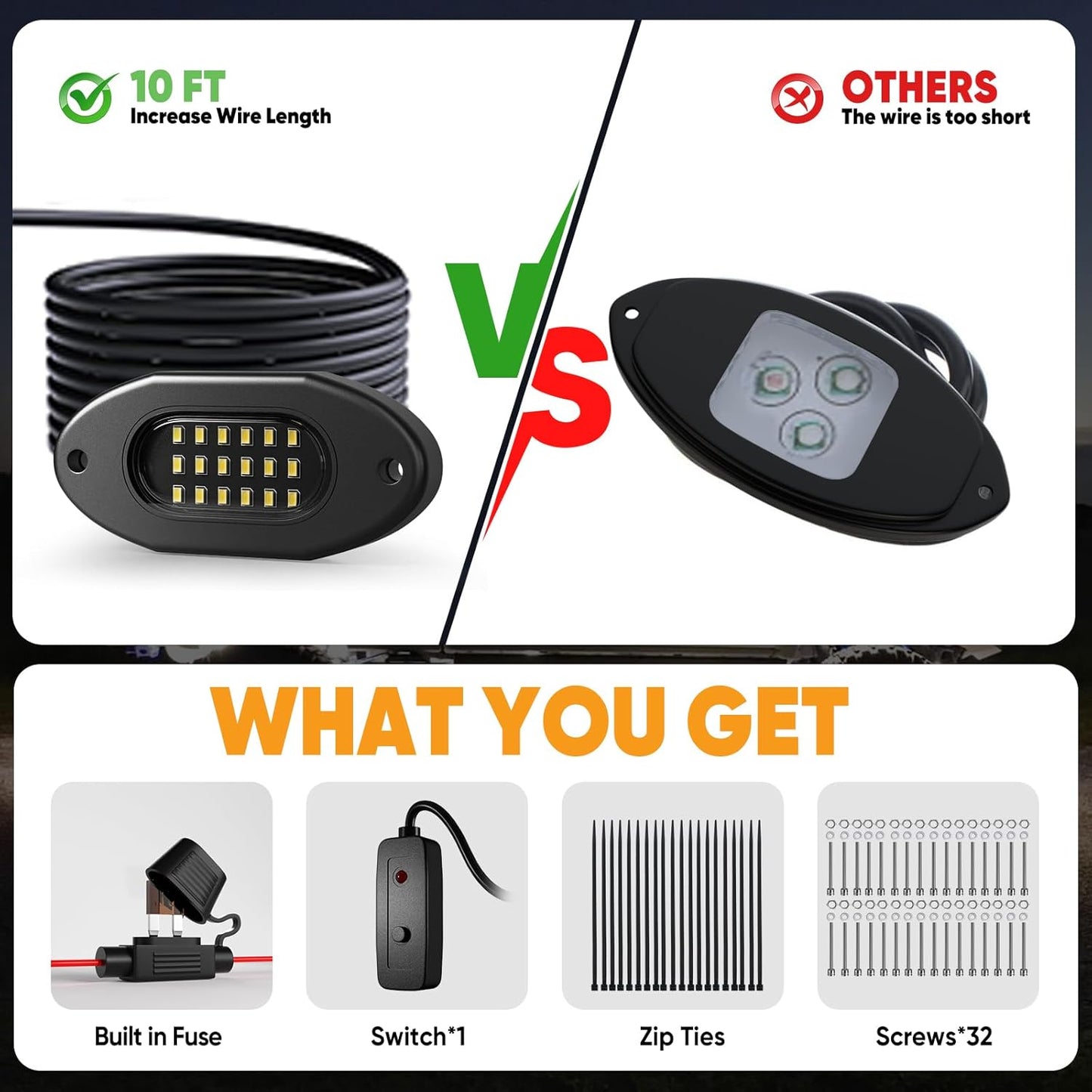 Honalia White LED Rock Lights Kits 8 Pods, 6000K Pure White Rock Lights with Switch