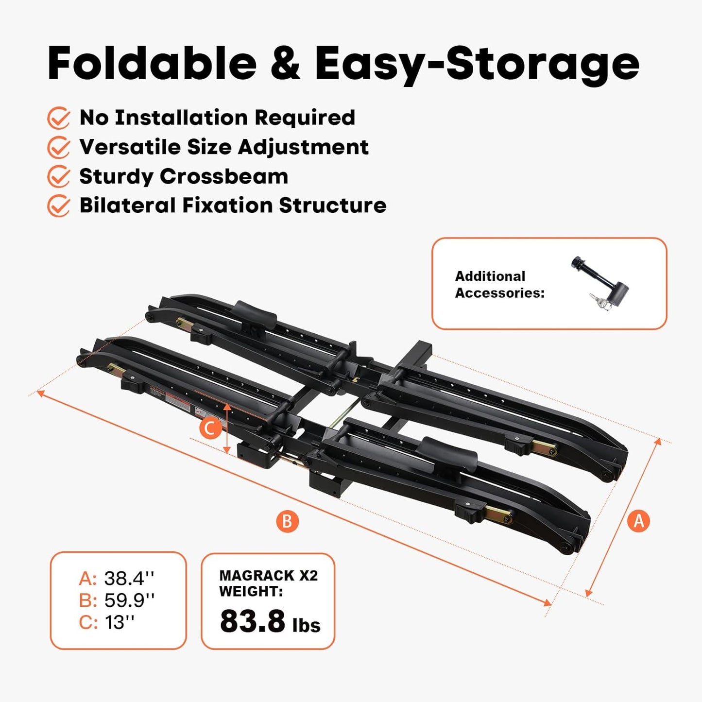 MagRack X2 Hitch 2 Ebike Rack, 150 lbs Capacity Electric Bike Carrier with 2 Arms, Foldable Bike Racks for Tow Hitch Up to 3.5-in Fat Tire 2" Receiver w/Lock