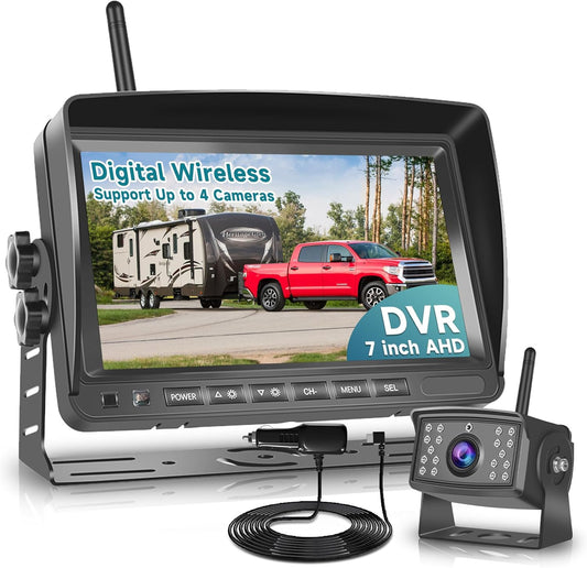 Wireless Backup Camera for RV, 7" IPS Monitor Kit AHD Rear View Camera Waterproof Night Vision DVR Recording, Wireless Reverse Camera 12V-36V for Truck/Trailer/RV/Camper/Excavator/Caravan