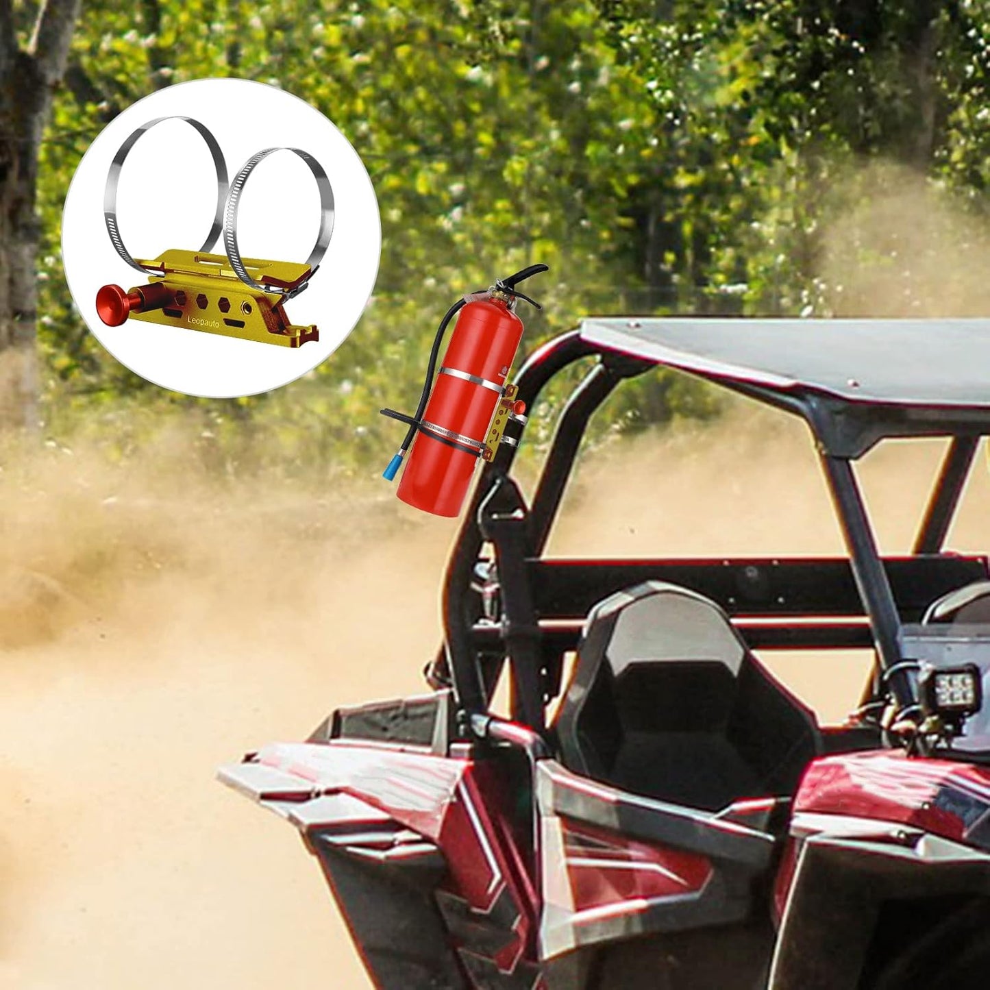 Vehicle Fire Extinguisher Mount Bracket, Aluminum Adjustable Quick Release Roll Bar Fire Extinguisher Bottle Mount with 8 Clamps, Compatible with Jeep Wrangler JK TJ Rubicon UTV, Gold