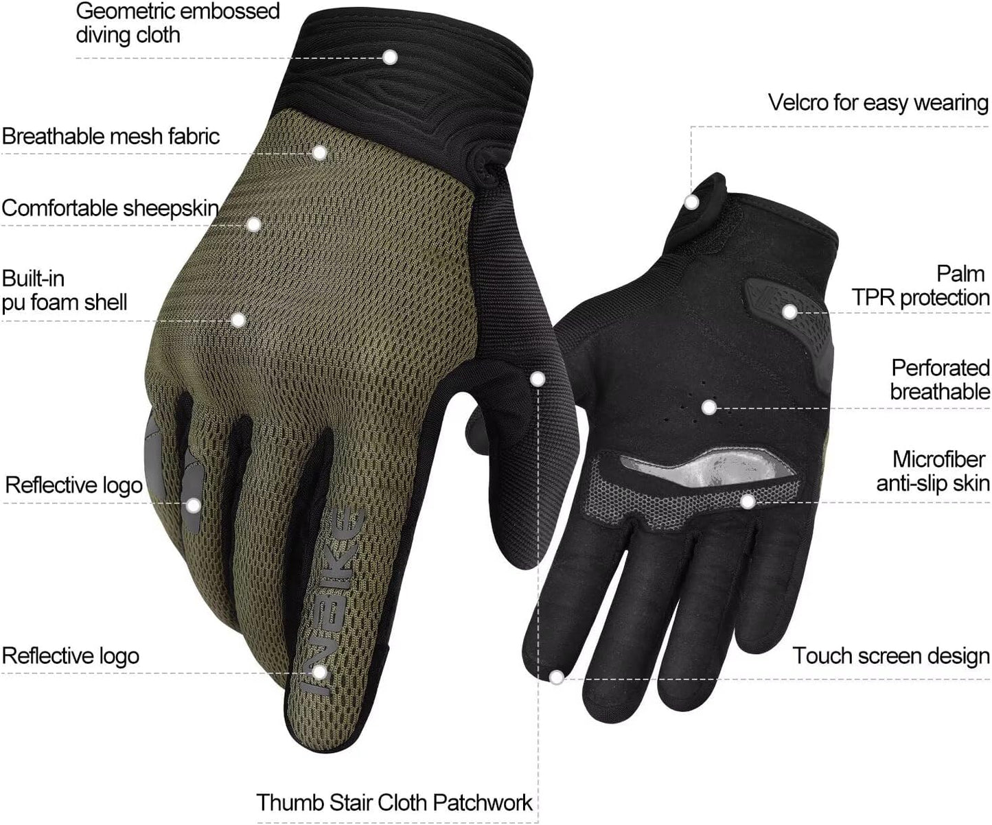 INBIKE Breathable Mesh Motorcycle Gloves for Men/Women, Shell Protection, Reflective, TPR Palm Sliders, Touchscreen Motorbike Gloves for ATV BMX MTB Riding