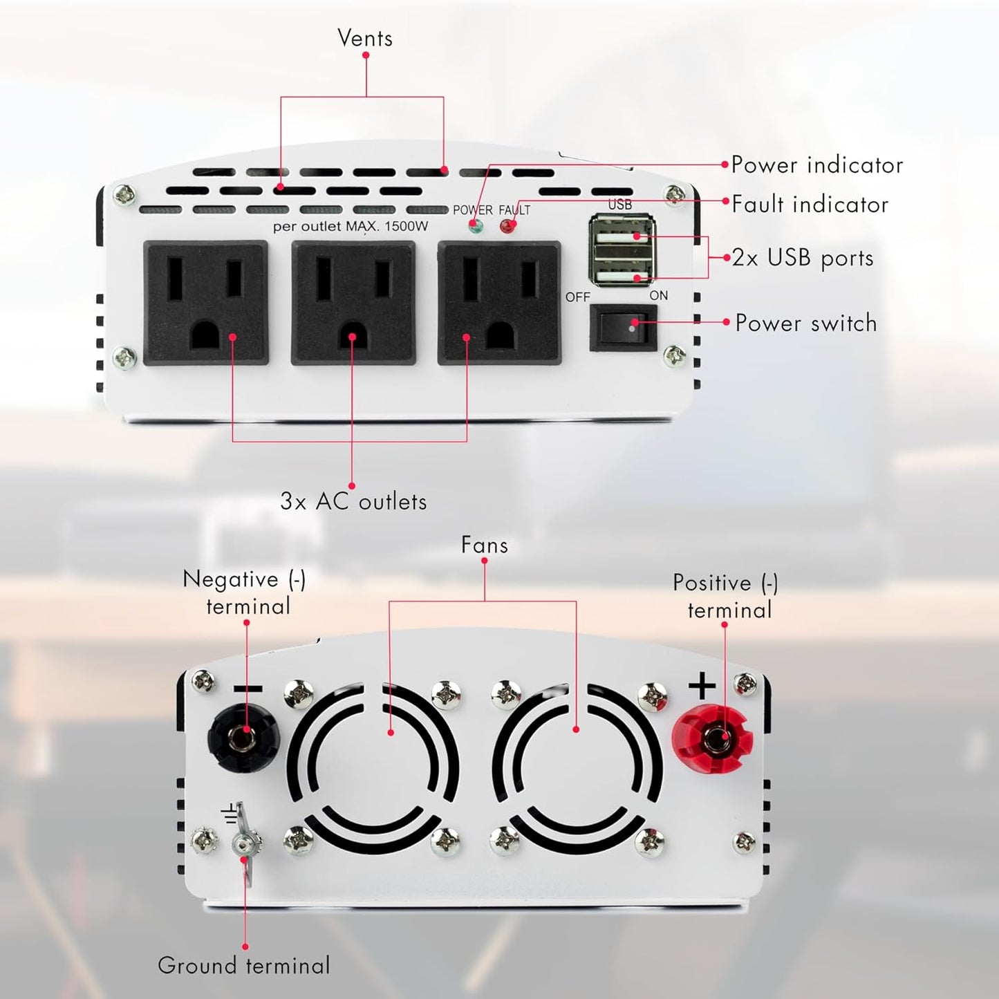 Wagan EL3720 1000W Slimline Plus AC to DC Power Inverter 1000 Watt TrueRated Continuous 2500 Watt Surge Power DC 12V to AC 110V Modified Sine Wave 3 AC Outlets and 2A USB Charging Port