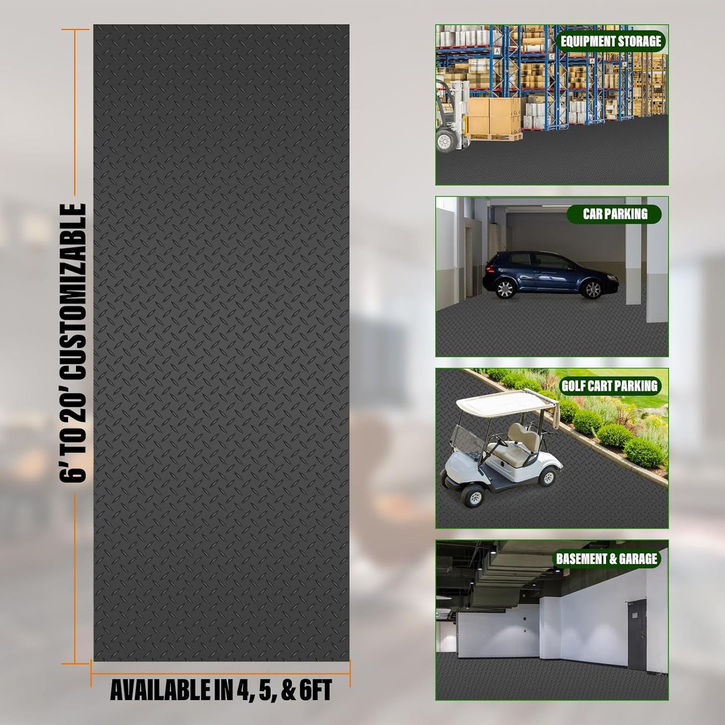 SEAL 6 x 10 Ft Premium Garage Floor Mat, Solid 2.8mm Thickened Black Commercial Grade Heavy Duty Parking Mat for Garage Floor, Golf Cart, Water/Stain Resistant Floor Runner (Embossed Diamond Plate)