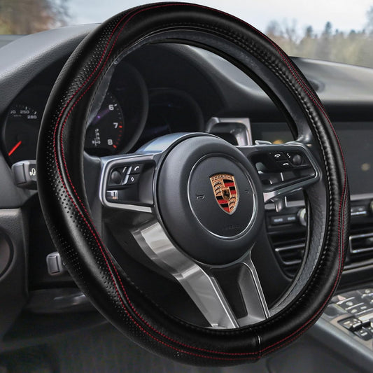 HAOKAY Top Grade Black Genuine Leather Steering Wheel Cover Men Women, Luxury Steering Wheel Cover for Cars, SUVS and Trucks, Universal 14.5-15 inch