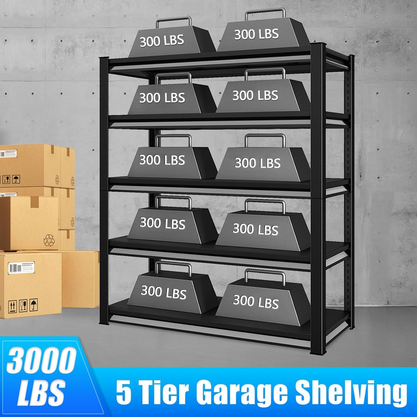 48" W Garage Shelving Heavy Duty，3000LBS Loads Adjustable Garage Storage Shelves,5-Tier Metal Storage Racks and Shelving Units, Utility Rack Shelves,48”W x 24”D x 78”H,Black