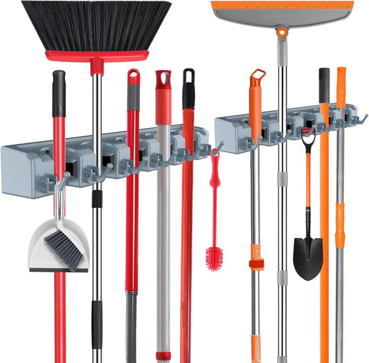 nacena Broom Holder Wall Mount, 2 Packs grey Wall Hanging Garden Tool & Utility Closet Organizer Mop & Broom Hook Wall Mounted Heavy Duty Broom and Mop Organizer Wall Hanging for Bathroom, garage