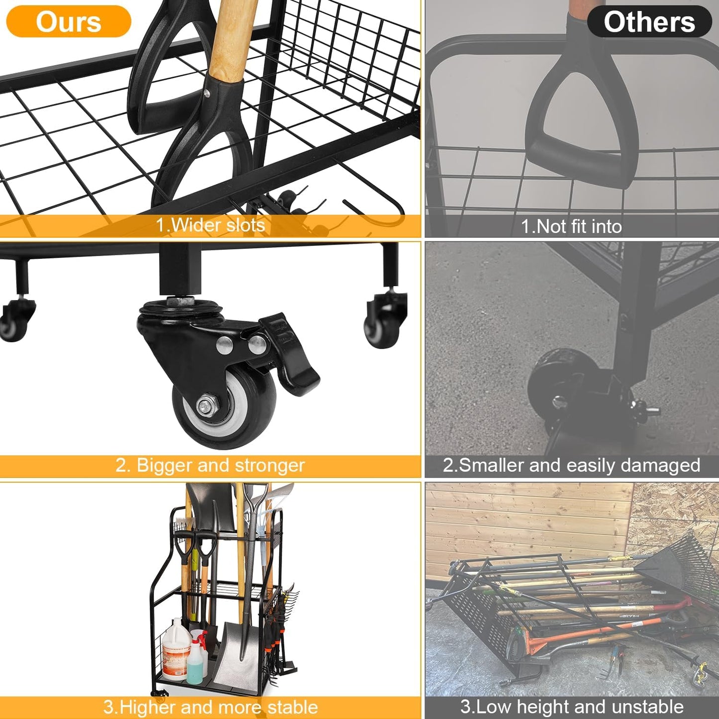 FZK Garden Tool Organizer,Heavy Duty Steel Yard Tool Organizer for Garage,Up to 49 Long-Handled Tools, Garden Tool Storage with Wheels,Garden Tool Organizer for Garage,Black