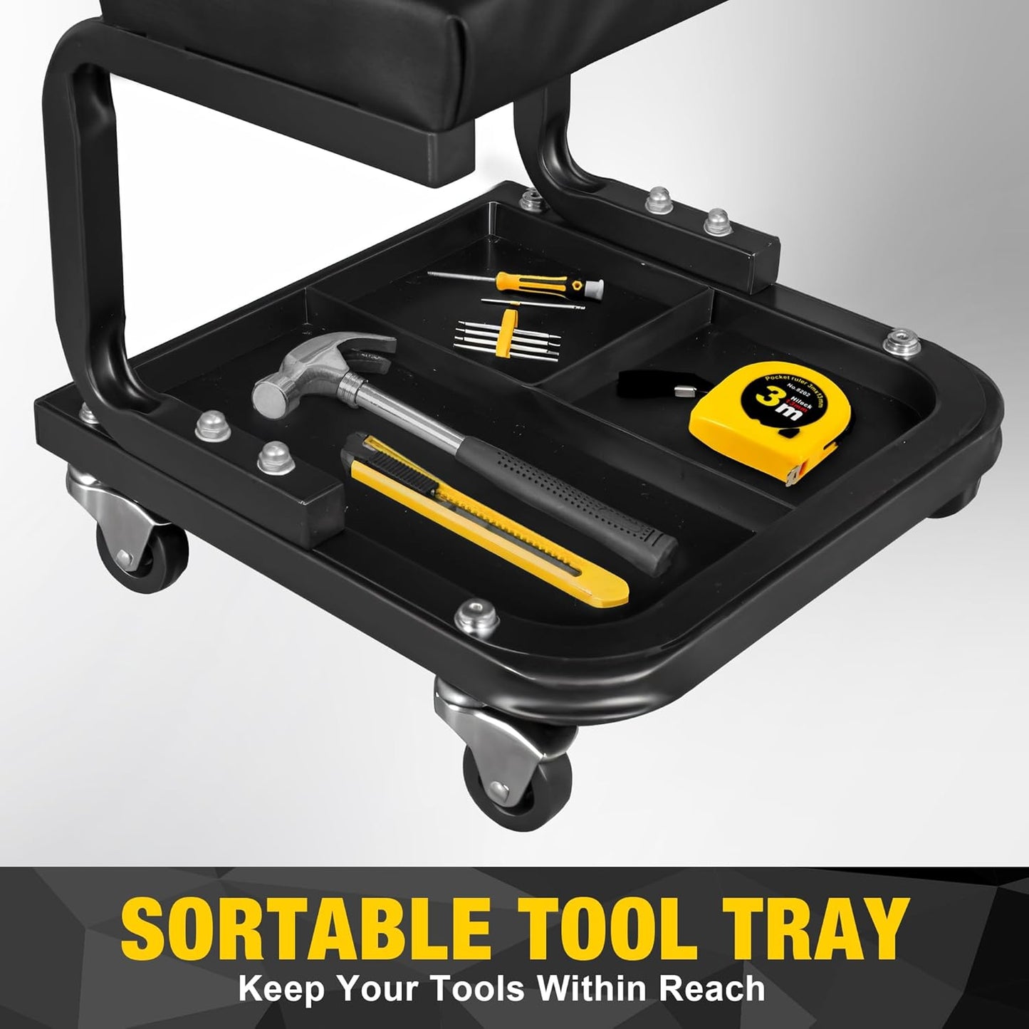 YELLOW JACKET Mechanic Rolling Stool 250 Lbs Capacity, Garage Stool on Wheels with Tool Tray Storage, Work Stools with Wheels for Garage, Shop, Mechanic Chair with Wheels, Auto Repair