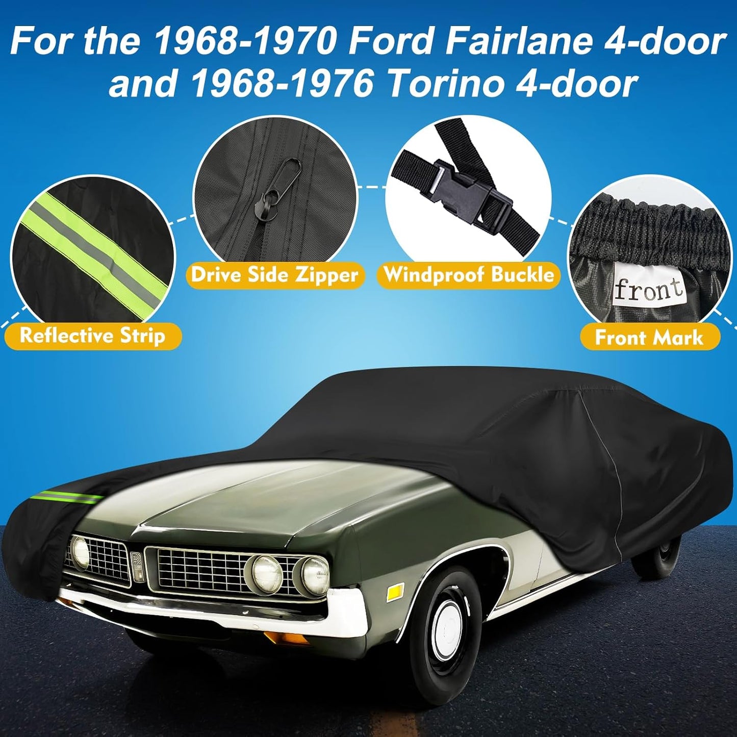 QUNSUNUS Waterproof Car Cover for Ford Torino 1968-1976 and Fairlane 1968-1970 4-Door, Outdoor Car Covers with Zipper and Straps for Wind, Sun, UV and Dust Protection