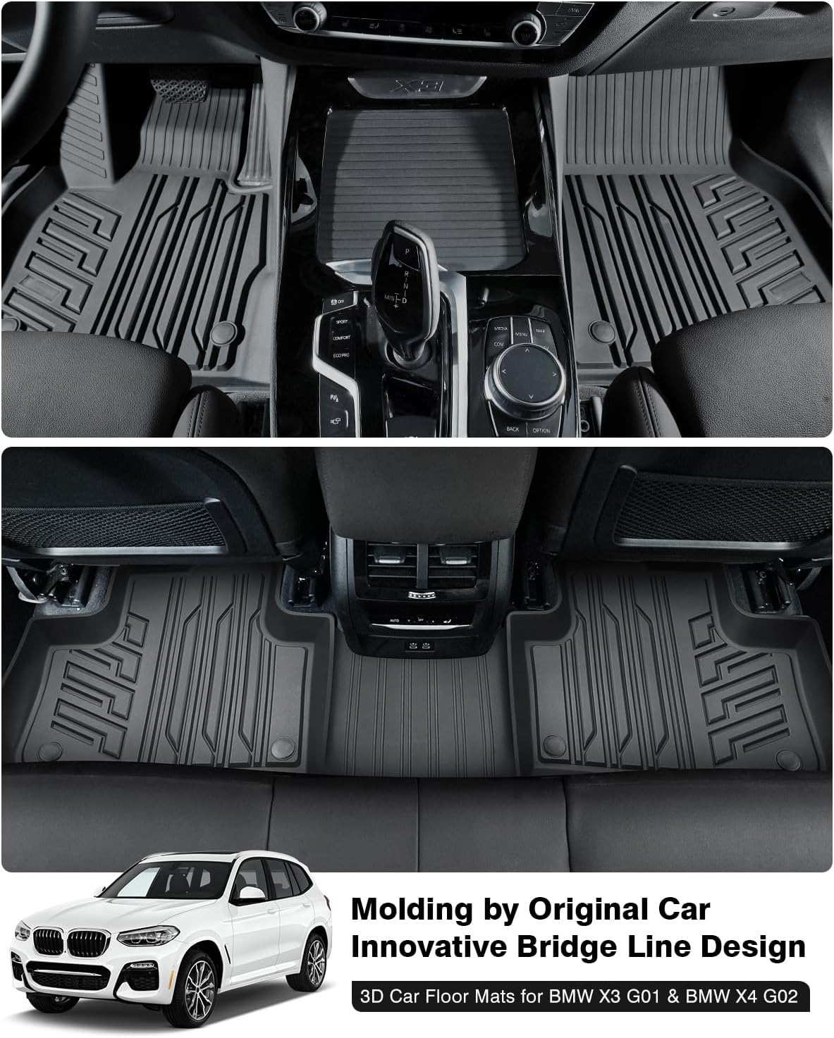 Powerty Floor Mats for 2018-2024 BMW X3 / 2019-2024 BMW X4, Custom Fit for BMW X3 Accessories, 3D TPE All Weather Car Mats Heavy-Duty Floor Liners (Fit All Models)