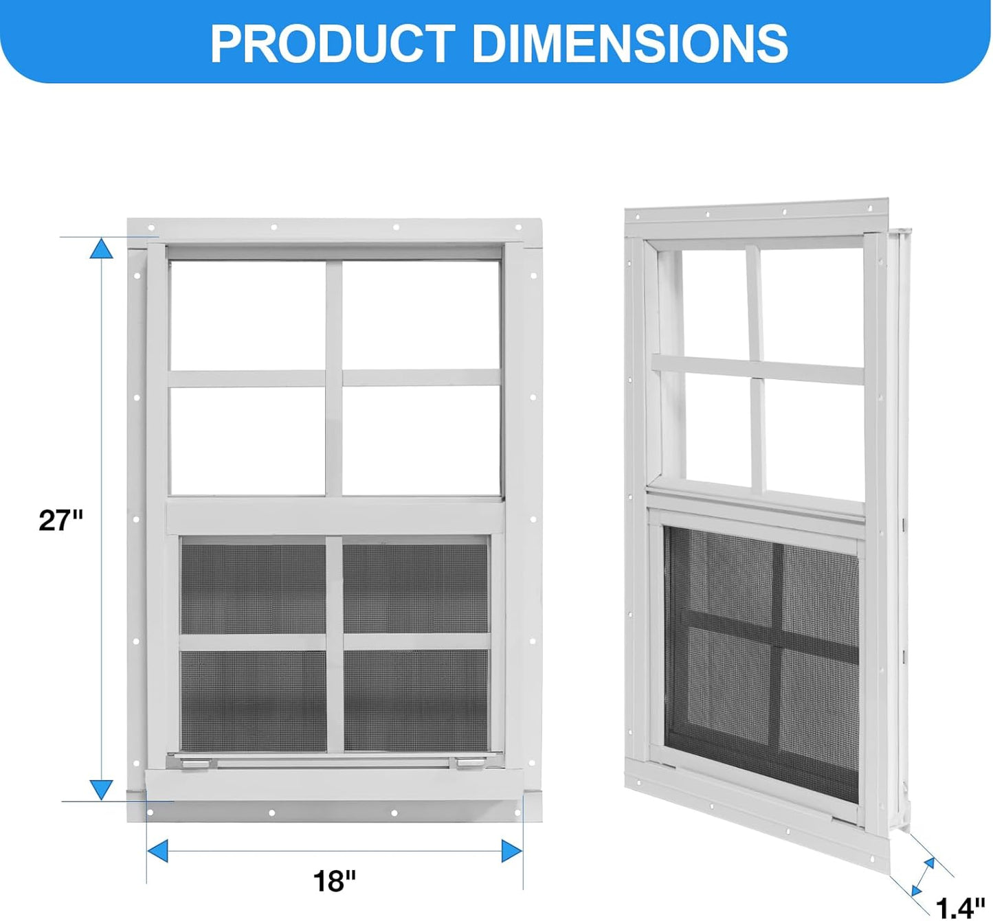 NeatiEase Upgraded Shed Windows 2 Pack, 18" x 27" Windows with Tempered Glass and Stainless Steel Screen for Shed, Chicken Coop, Playhouse, Household, Garage(White)