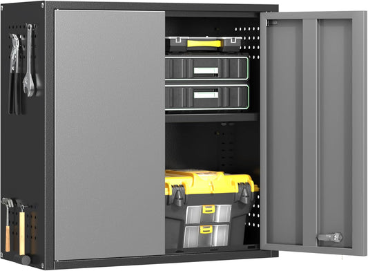 Metal Garage Wall Cabinet with 2 Doors and 1 Adjustable Shelf,Lockable Floating Tool Cabinet with Pegboard,Steel Storage Cabinet for Kitchen,Office,Garage,Laundry,Warehouse(Black&Gray, 26"H)