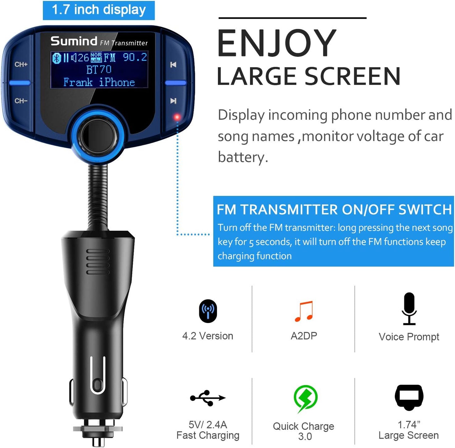 Upgraded Bluetooth FM Transmitter, Wireless Radio Adapter Hands Free Car Kit with 1.7'' Display, QC3.0 and Smart 2.4Amp Dual USB Ports, AUX Input/Output, TF Card Mp3 Player (Normal, Blue)