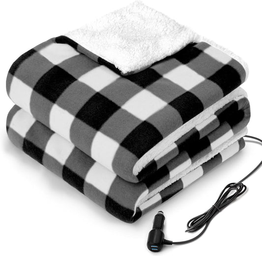 Sealy 12-Volt Heated Car Blanket with 2 USB Output Ports, 3 Heating Levels & 4 Hours Auto Off, Electric Blanket for Car, Truck, SUV, RV or Camping, Machine Washable, 59" X 43", Plaid