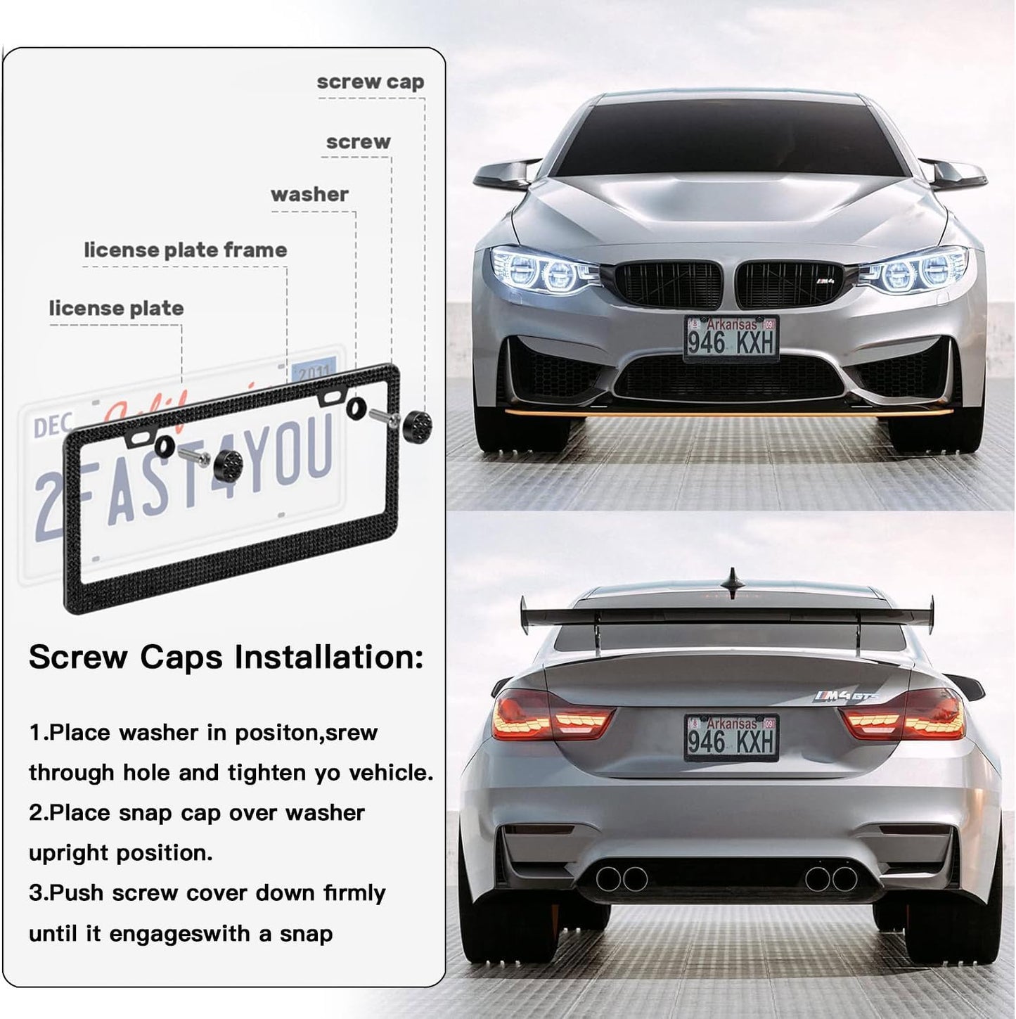 2 Pack License Plate Frames for Women, Sparkly Rhinestone Diamond Car Accessories with Glitter Crystal Caps (Black (2PCS))