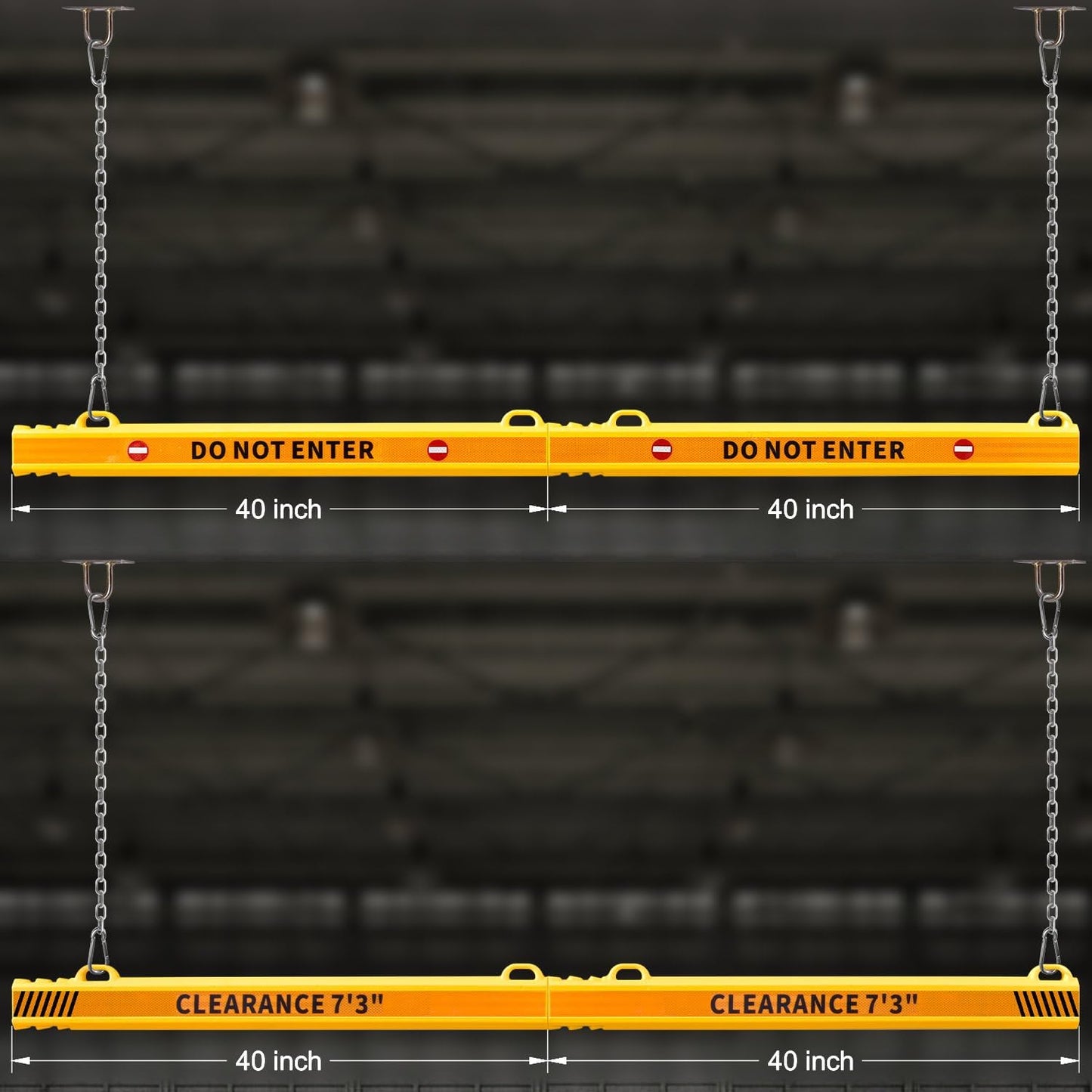 78" Parking Garage Height Clearance Bar - DO NOT ENTER & CLEARANCE 7' 3" - Hanging Crossbar by Chains, Yellow Reflective Parking Signs for Parking Lot, Warehouse, Garage Entrance and Exit