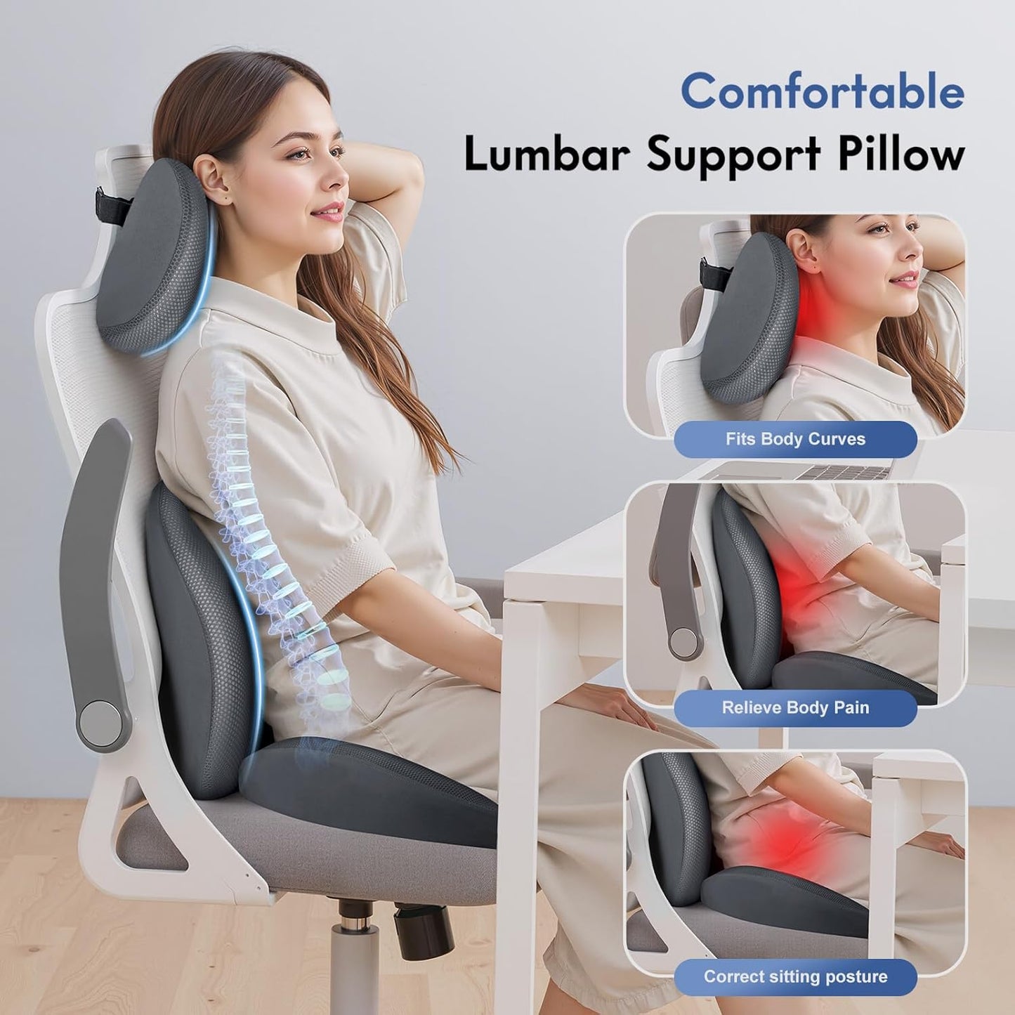FLORICH Seat Cushion and Lumbar Support Pillow for Office Chair Car, Car Neck Pillow, Ergonomic Memory Foam Back Support for Office Gaming Chair Wheelchair, Relieves Neck, Back & Sciatica Pain – Gray