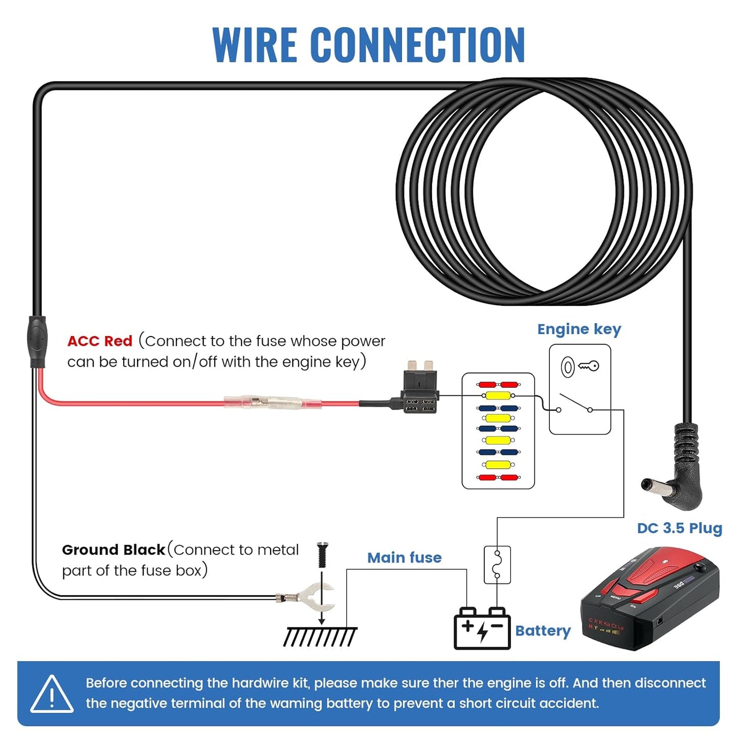 EWAY Radar Detector Hardwire Kit, DC3.5 Direct Wire Wiring Kit for Radar Detectors Power Cord Replacement for Cobra RAD 350 380 450 480i XRS9370 XRS955 XRS5300 XRS7700 Whistler Escort Uniden (13FT)