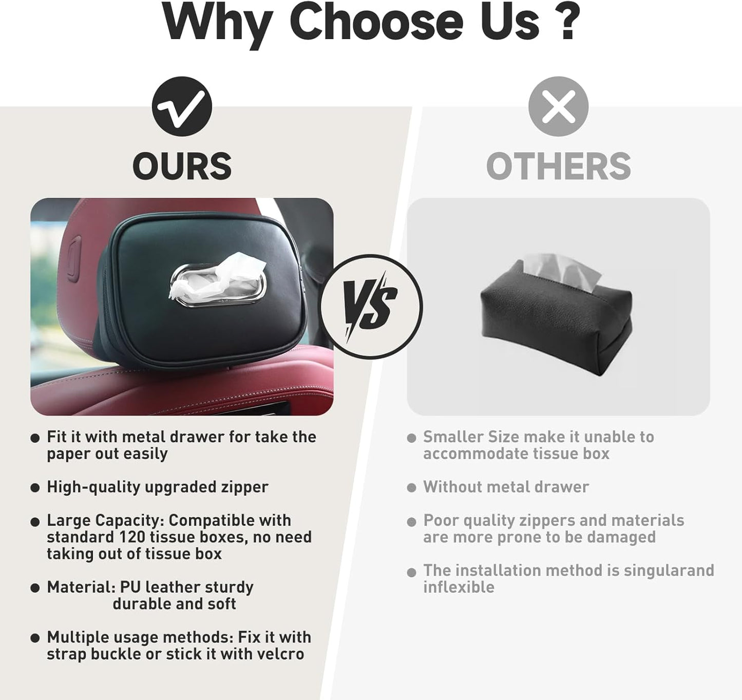 Car Tissue Holder, Tissue Box Cover Keep Car Tidy, Premium PU Leather Backseat Napkin Rectangle Organizer, Extra Large Tissue Box Storage in Car Fits for 6.6 * 4.7 * 2.3 Regular Size Tissues, Black