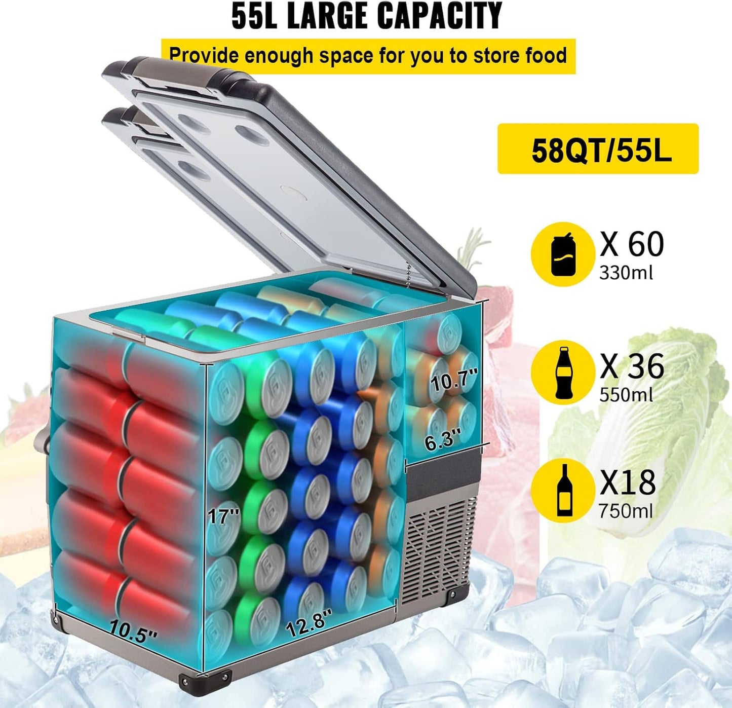 VEVOR CF55 12 Volt 58 Qt Refrigerator, Dual Zone Portable Compressor 12/24V DC and 110-240V AC, Freezer Fridge Cooler, for Car, Truck RV, Camping and Home Use, Black+Gray