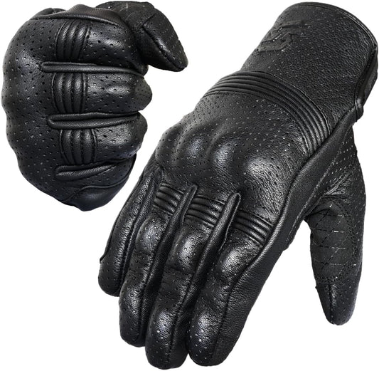 Leather Motorcycle Gloves for Men and Women | Touchscreen | Full Finger | Goatskin Leather Hard Knuckle Motorcycle Riding Gloves (Perforated, XX-Large)