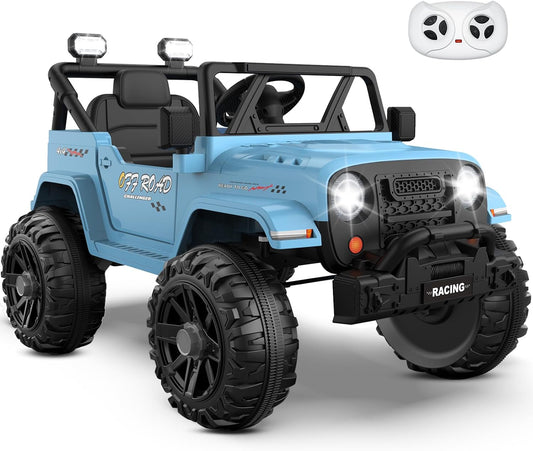 12V Ride On Truck Car with Remote Control, Kids Electric Vehicles with Bluetooth Music, Horn, 3 Speeds, 4 LED Lights, Soft Start, Ride-on Toy for Toddler Boys & Girls (Blue)