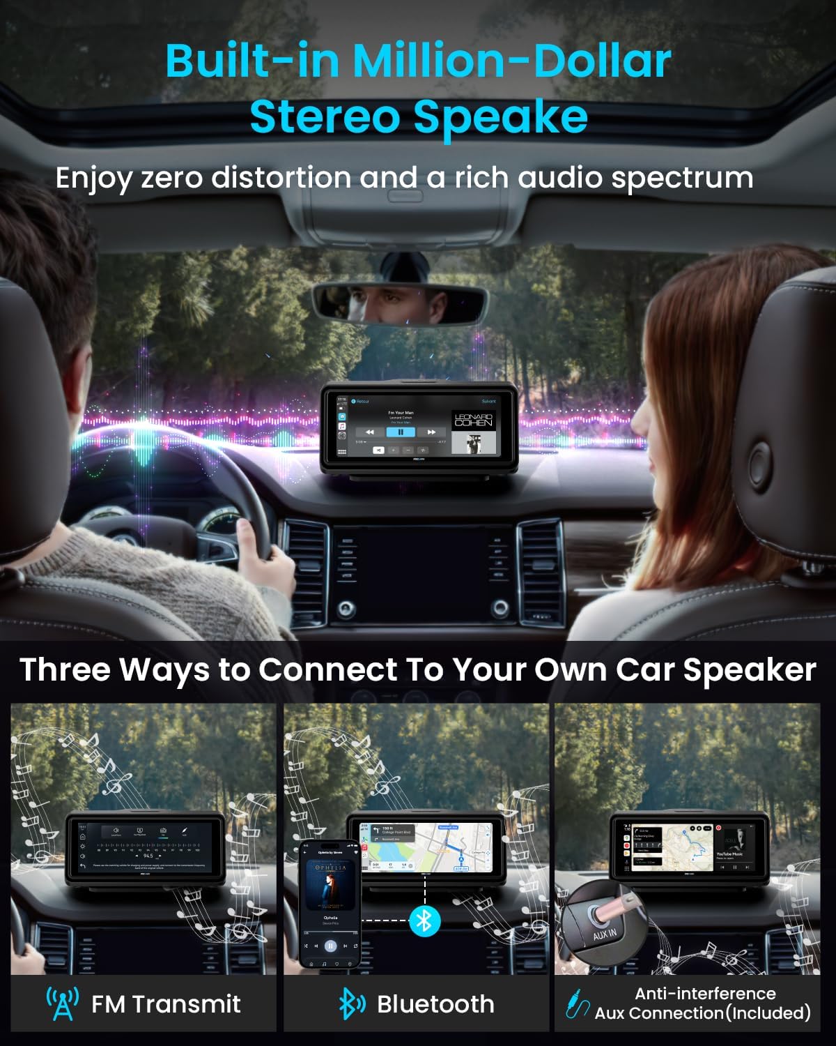 Portable Apple Carplay Screen for Car, Touch Screen with Wireless Android Auto, Car Audio Receivers with Voice Control, Mirror Link, Music Play, GPS Navigation, Built-in Customized Speakers (Black)