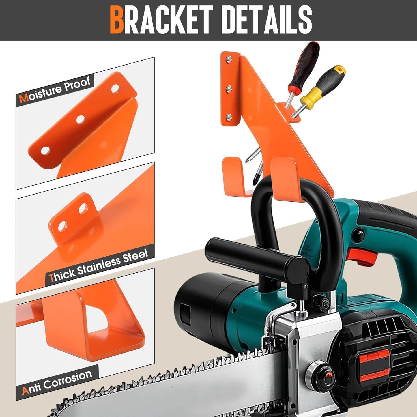 Chainsaw Hanger, Heavy Duty Chain Saw Stand 3-in-1 Wall Mount with Accessory Tool Hooks for Garage Shed Organizer Storage, Includes Mounting Hardware (1 Pack)