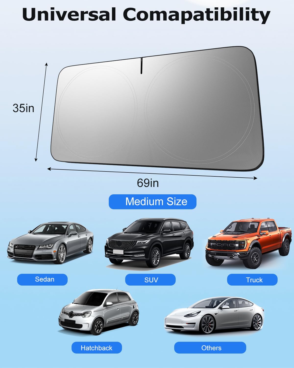 [2025 Upgrade] DMJN Windshield Sun Shade Car, [100% Sun Bolck & UV Reflective] Keep Car Cool & Interior Protection Sunshade, Flexible & Durable Sun Visor Universal Fit Large