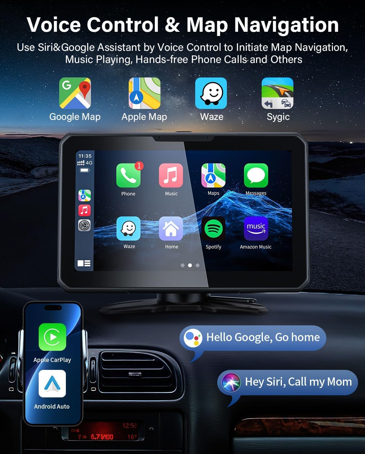 7" HD Apple Carplay Screen for Car，2-in-1 Wireless CarPlay Suitable for Apple CarPlay and Android Auto, Apple CarPlay with GPS Navigation, Voice Control, Mirror Link, Bluetooth for Most Vehicle