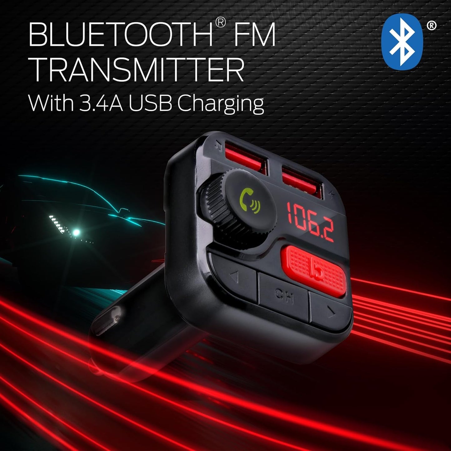 Monster Bluetooth FM Transmitter for Car Cigarette Lighter, Bass Boost, Track Back/Forward, Volume, Play/Answer Buttons, Micro SD Card Slot, Microphone, 2 USB Chargers, Google Voice & Siri Compatible