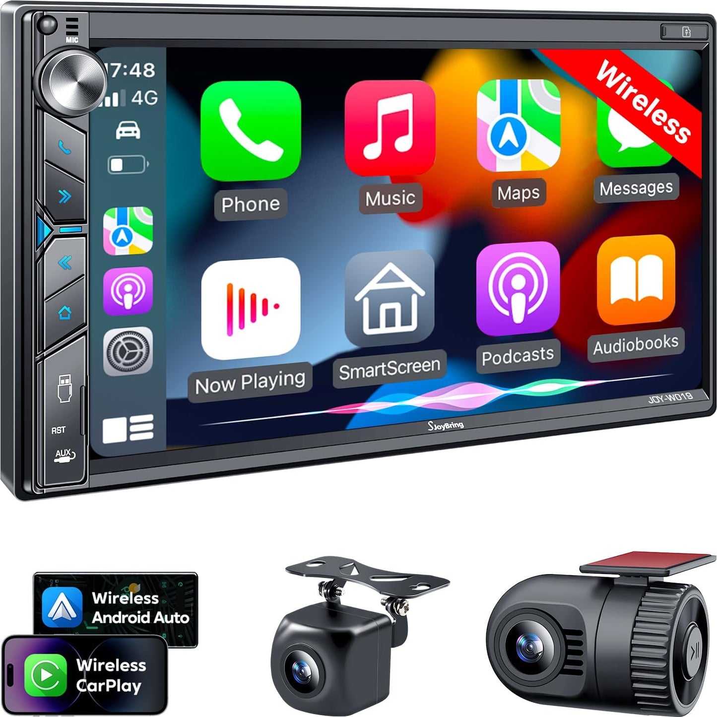 SJoyBring Upgrade Wireless Double Din Car Stereo with Apple Carplay, Android Auto, Dash Cam, Bluetooth, 4-Channel RCA, 2 Subwoofer Ports, 7" HD Capacitive Touchscreen Car Radio, 60W*4, Backup Camera