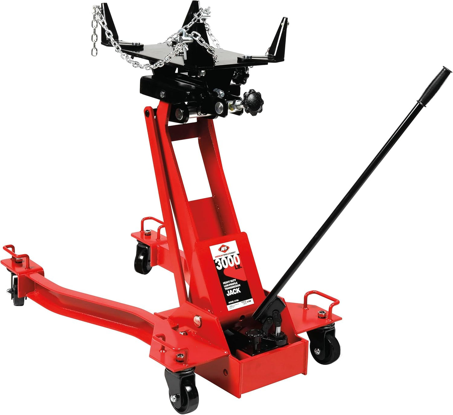 AFF Low Profile Manual Hydraulic Transmission Jack - Heavy Duty Steel Body, Adjustable Saddle with Safety Chain & 360 Handle - for Transmissions, Transfer Cases & Differentials (Multiple Capacities)