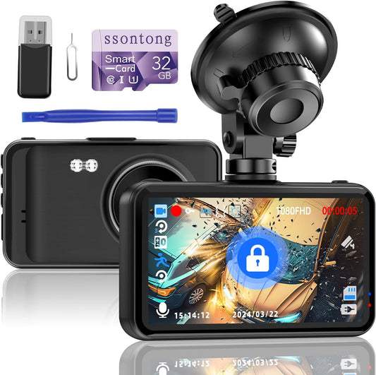 Dash Cam, Dash Camera for Cars 1080P FHD Dashcam DVR Car Camera Dash Cam Front W/ 32GB Card,Night Vision,170°Wide Angle 3”IPS Screen Dash Camera Loop Recording G-Sensor Motion Detection Parking Mode
