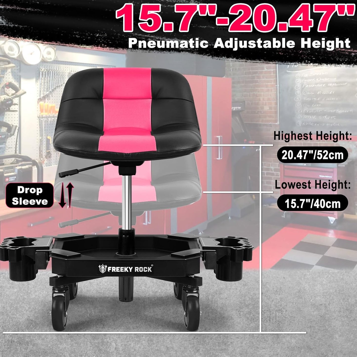 Rolling Stool with Wheels, Adjustable Height Pneumatic Garage Work Mechanic Stool Seat with Backrest, 400 LBS Capacity 360° Swivel Mechanic Crepper Chair with Tool Tray Storage, Pink