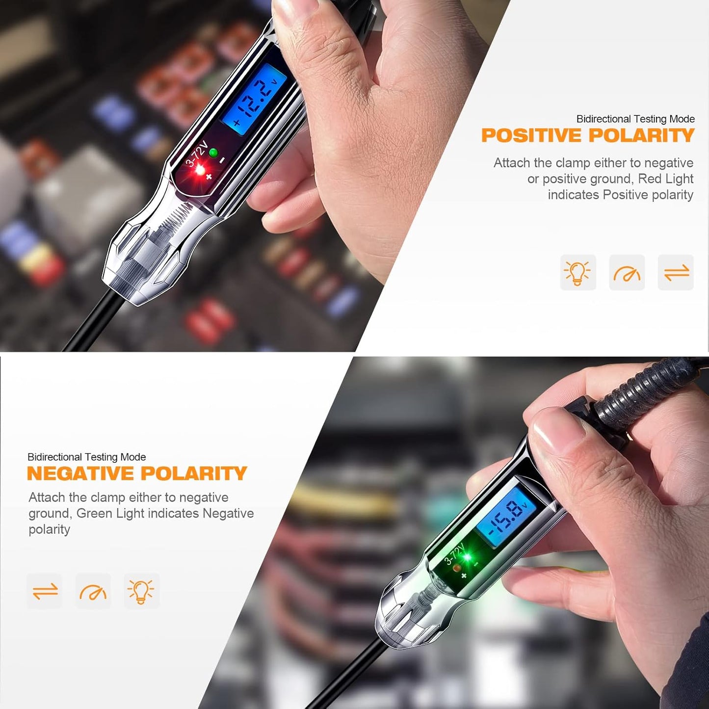 Heavy Duty 3-72V Backlit Digital LCD Circuit Tester, Automotive Test Light with 140 Inch Extended Wire and 2 Polarity Indicate LED Lights, Car Truck Low DC Voltage & Light Tester with Stainless Probe