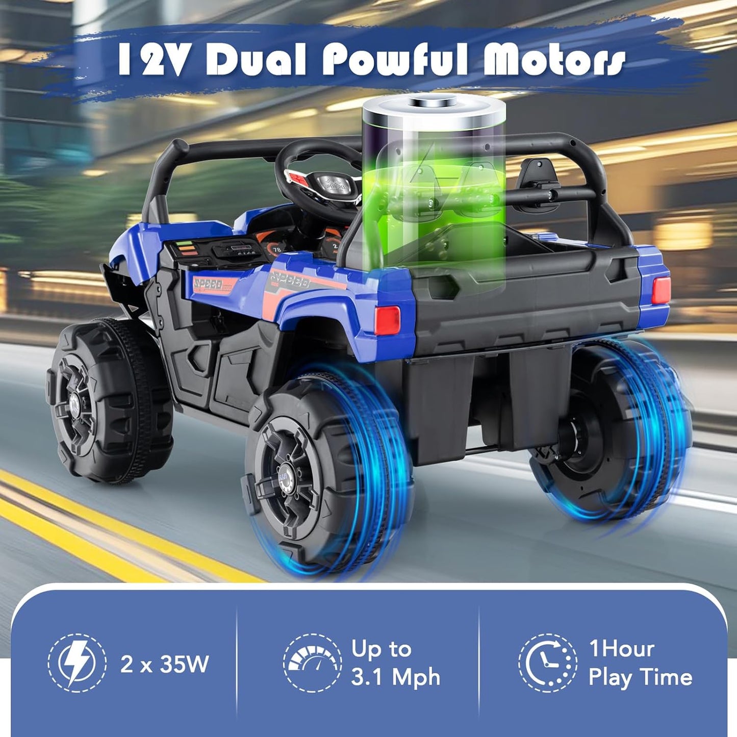 OLAKIDS 12V Ride on Car UTV, Battery Powered Off-Road Kids Electric Vehicles with Remote Control, Music, Horn, MP3, Lights, 3 Speeds, Soft Start, Ride on Truck for Boys Girls (Blue)