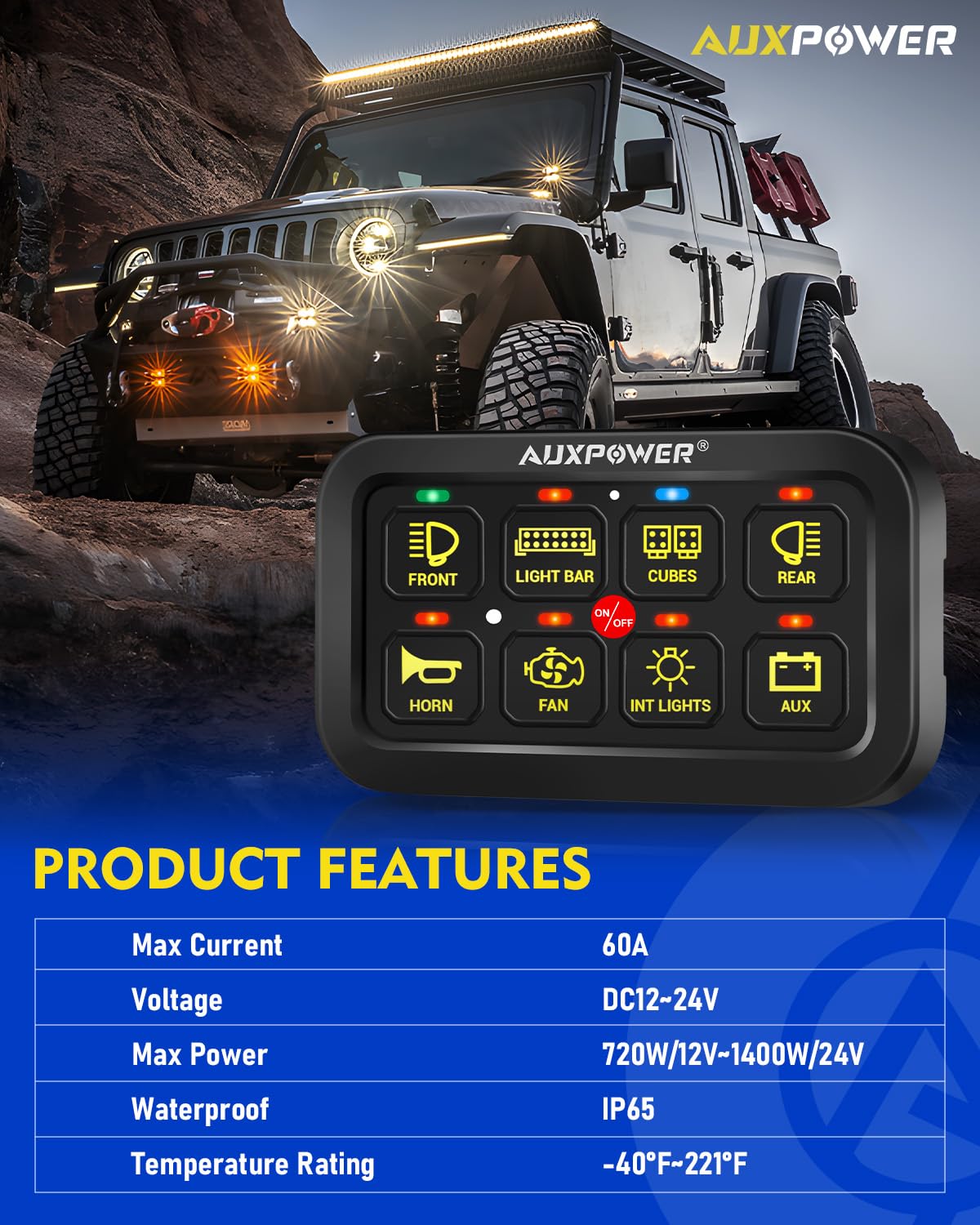 Auxpower RGB 8 Gang Switch Panel with App Control Turn On/Off Momentary Pulsed Multifunction 12V Switch Panel for Truck Circuit Control Relay System Switch Panel Waterproof for Car Boat Truck RV