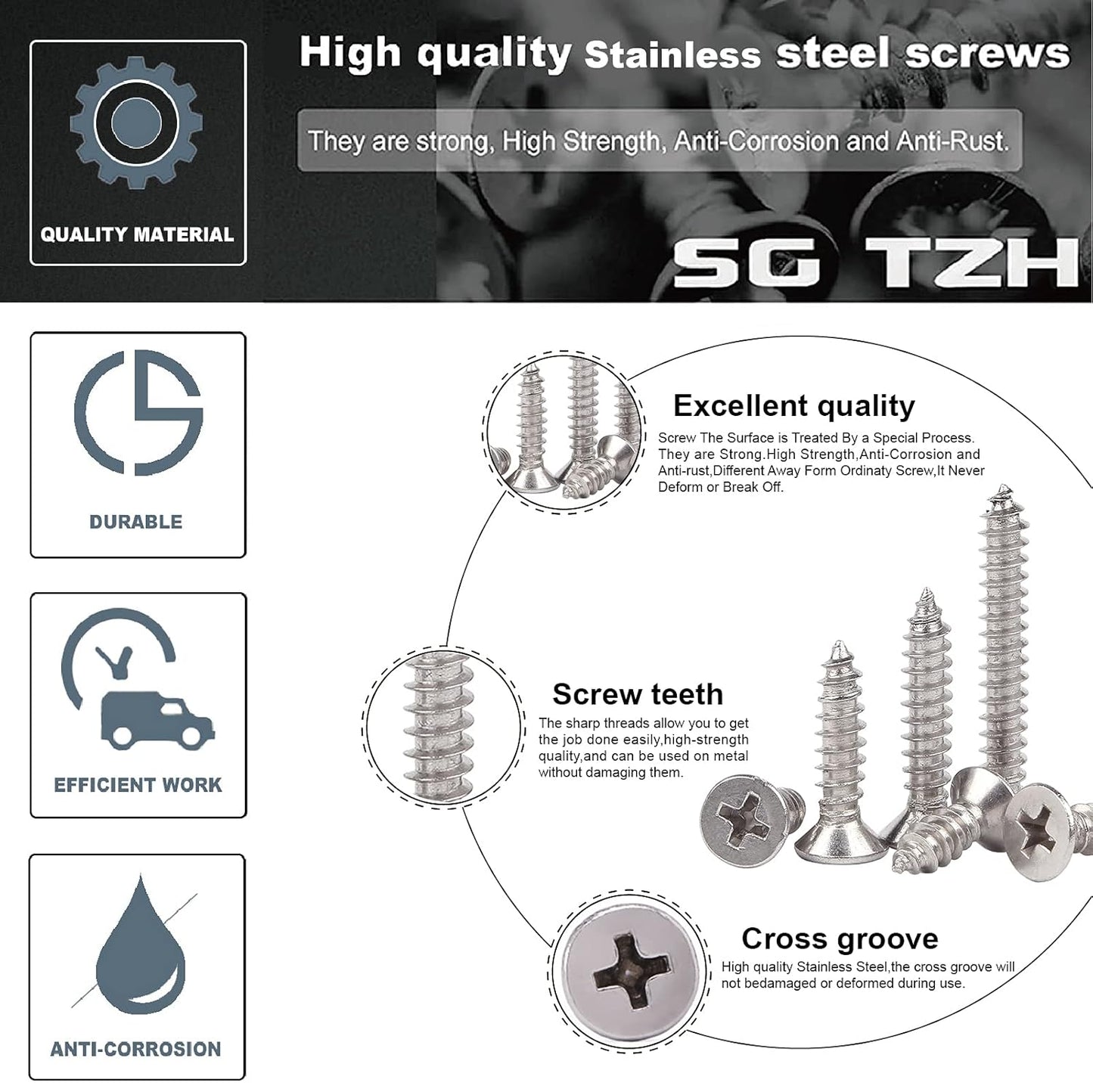 #12 x 5/8" Wood Screw 100Pcs 18-8 (304) Stainless Steel Screws Flat Head Phillips Fast Self Tapping Drywall Screws by SG TZH