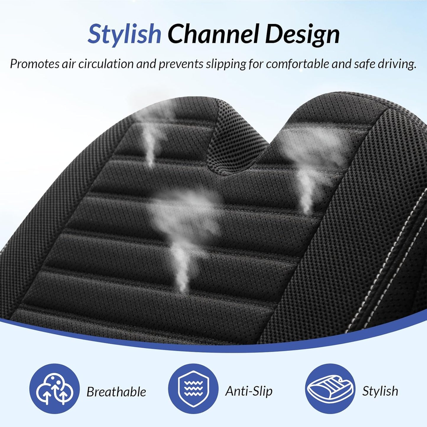ZIKEE All-Season Car Seat Cushion for Comfortable & Safe Driving, Breathable Seat Cushion for Car with Ventilated Channel & Mesh Cover, Memory Foam for Sciatica, Tailbone & Back Pain Relief, Anti-Slip