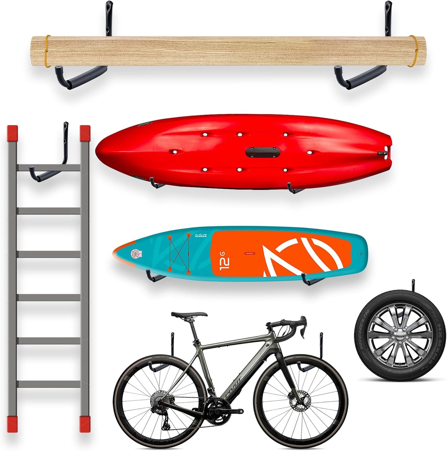 HOME MASTER HARDWARE Heavy Duty 9" Jumbo Arm Garage Wall Hooks 4 Pack – 50Lbs Ladder Hangers, Wall Mount Utility Storage for Bikes, Folding Chairs, Kayaks & Bulk Items