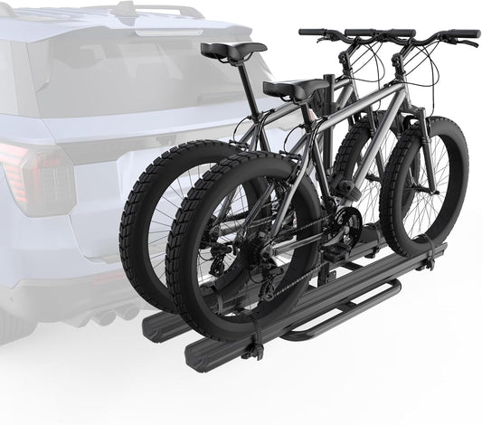 Aluminum 2 EBikes Rack Foldable 2'' Hitch Mounted Carrier Racks w/Ramps Over 200lbs Capacity for 5 inch Fat Tire Heavy Duty Universal E-Bike Racks for SUVs Cars Trucks RV 2-Inch Receiver