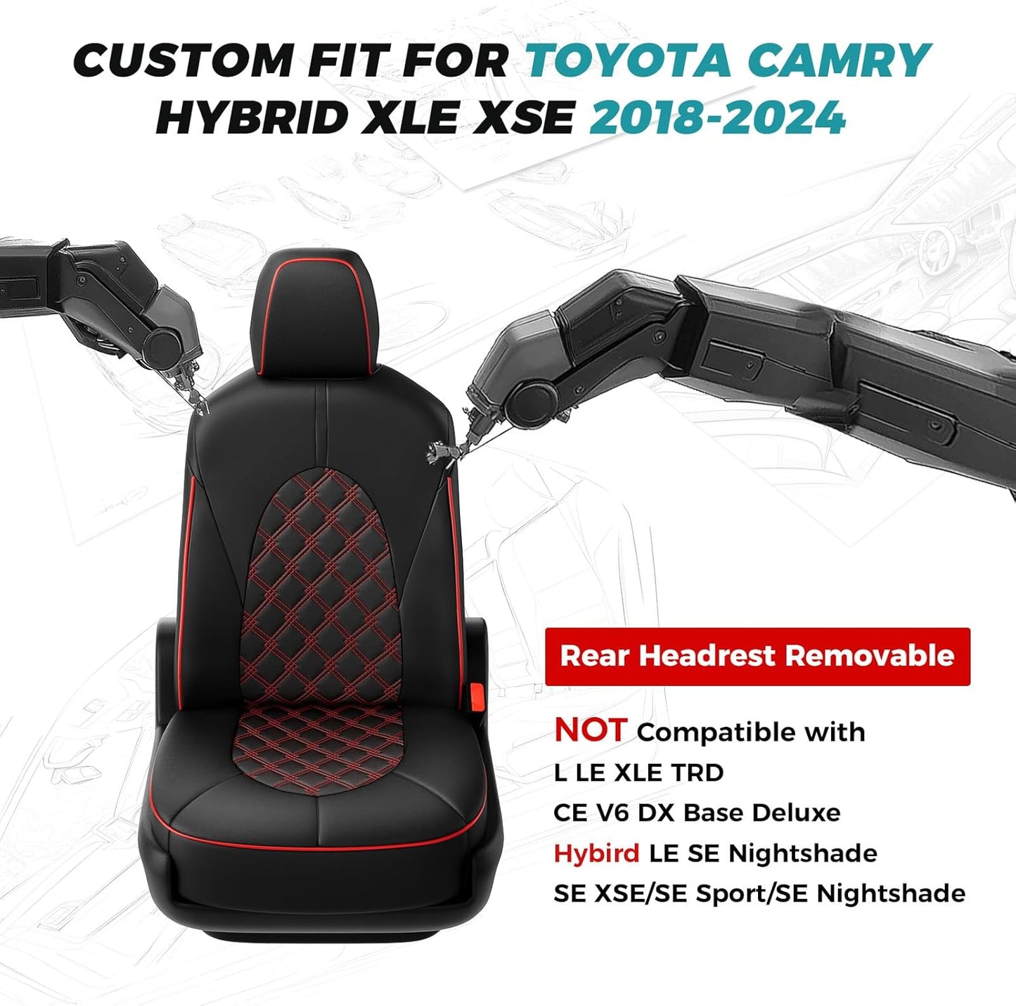 for Toyota Camry Seat Covers Hybrid XLE XSE 2018 2019 2020 2021 2022 2023 2024 - Custom Car Seat Cover Full Set, Waterproof Breathable Cushion Protector, Leather Seat Cover for Cars Black Red