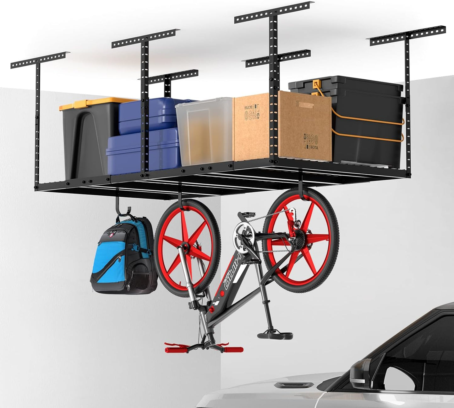4x8 Overhead Garage Storage Rack with 4 Extra Hooks – Adjustable Heavy-Duty Ceiling Storage System (22"-40"), Holds 600 lbs, 22 lbs per Hook, Steel Hanging Organizer for Tools, Bins & Bikes | Black